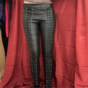 Black genuine leather Zoe Karssen mid rise corset lace up skinny pants